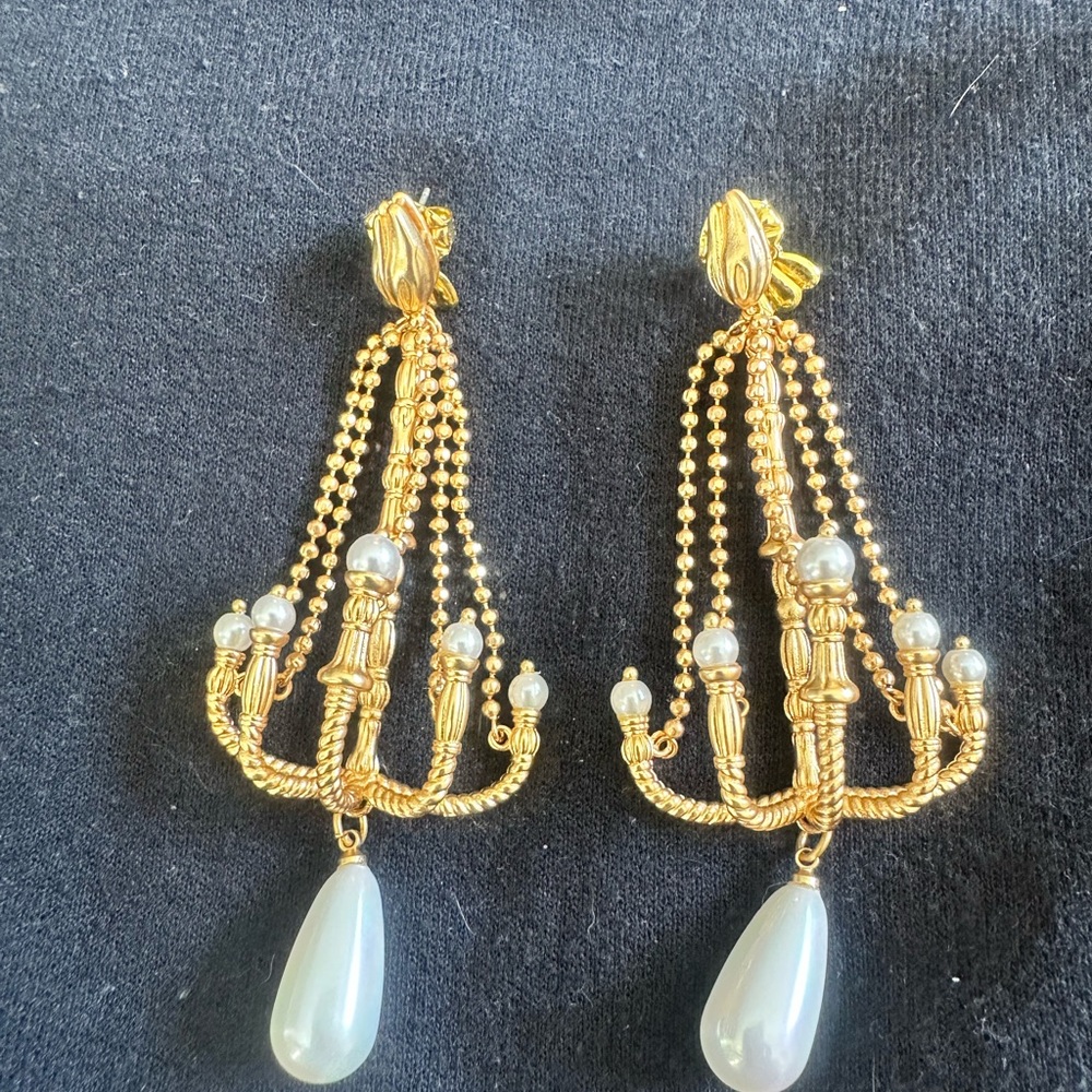 Elegant Gold and Pearl Chandelier Earrings
